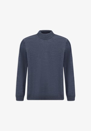 Maglione a collo alto blu navy, maniche lunghe, texture morbida, design aderente, colletto e orlo a coste, tessuto in maglia leggero.