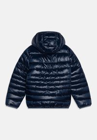 Marineblauwe gewatteerde jas met capuchon, voorzien van gestikte secties en elastische manchetten. Strakke, glanzende textuur. Achteraanzicht, geen zichtbare sluitingen.