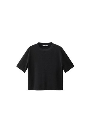 T-shirt noir à manches courtes en tissu doux, avec un col rond et une coupe décontractée avec des épaules légèrement tombantes.