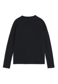 Haut noir à manches longues avec un col rond, une coupe décontractée et une texture côtelée. Design uni sans motifs ni éléments visibles.