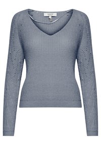 Pulover tricotat de culoare bleu deschis, cu decolteu în V, textură côtelată și mâneci lungi, prezentând detalii din tricotaj cu cabluri pe brațe.