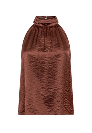 Brown haltertop van gestructureerde stof, met een hoge hals en geplooid detail. Het ontwerp is losvallend met een rechte silhoeet.