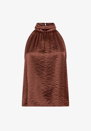 Brauner Halsbandoberteil aus strukturiertem Stoff, mit hohem Kragen und gerafftem Detail. Das Design ist locker geschnitten mit einer geraden Silhouette.