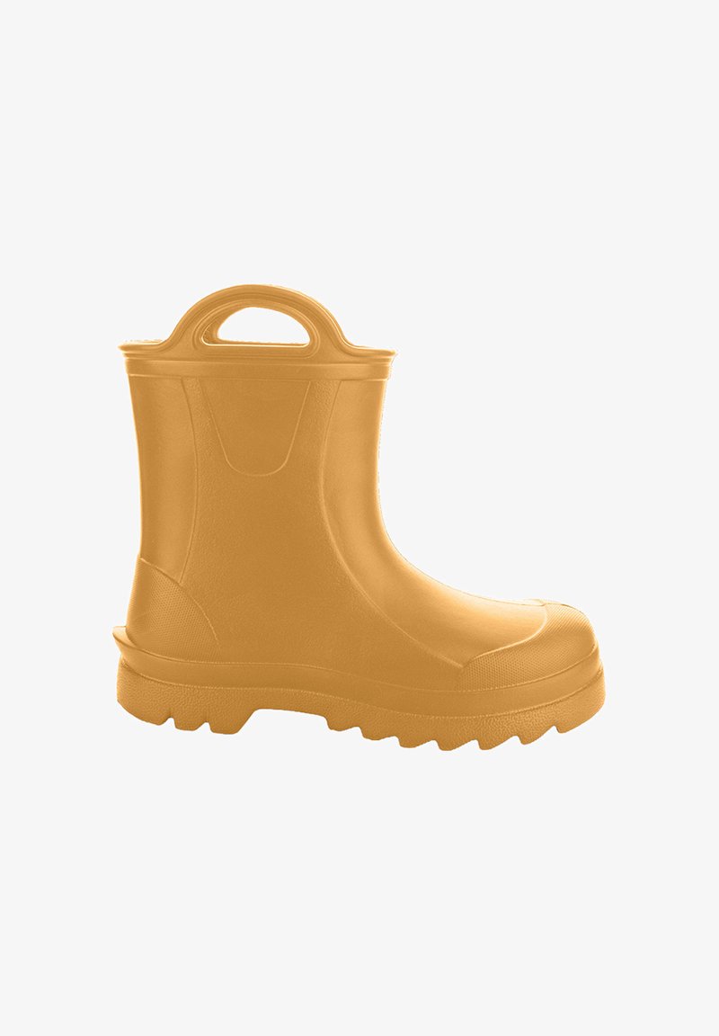 Żółty gumowy but z zaokrąglonym czubkiem, teksturowaną wkładką i tylnym uchwytem ułatwiającym zakładanie. Posiada wytrzymałą podeszwę z bieżnikiem zapewniającą przyczepność.