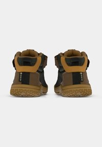 Une paire de bottes de randonnée Gore-Tex brunes et vertes vues de l'arrière, avec des semelles en caoutchouc à motifs et des cols de cheville rembourrés.