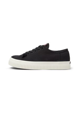 Black canvas sneakers with a white rubber sole, round toe, and six eyelets for laces. Features a subtle logo detail on the heel.