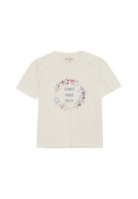 Cremefarvet T-shirt med korte ærmer, prydet med et blomstermotiv og teksten "FLOWER POWER PRETTY" i blå, lavet af blød bomuld.
