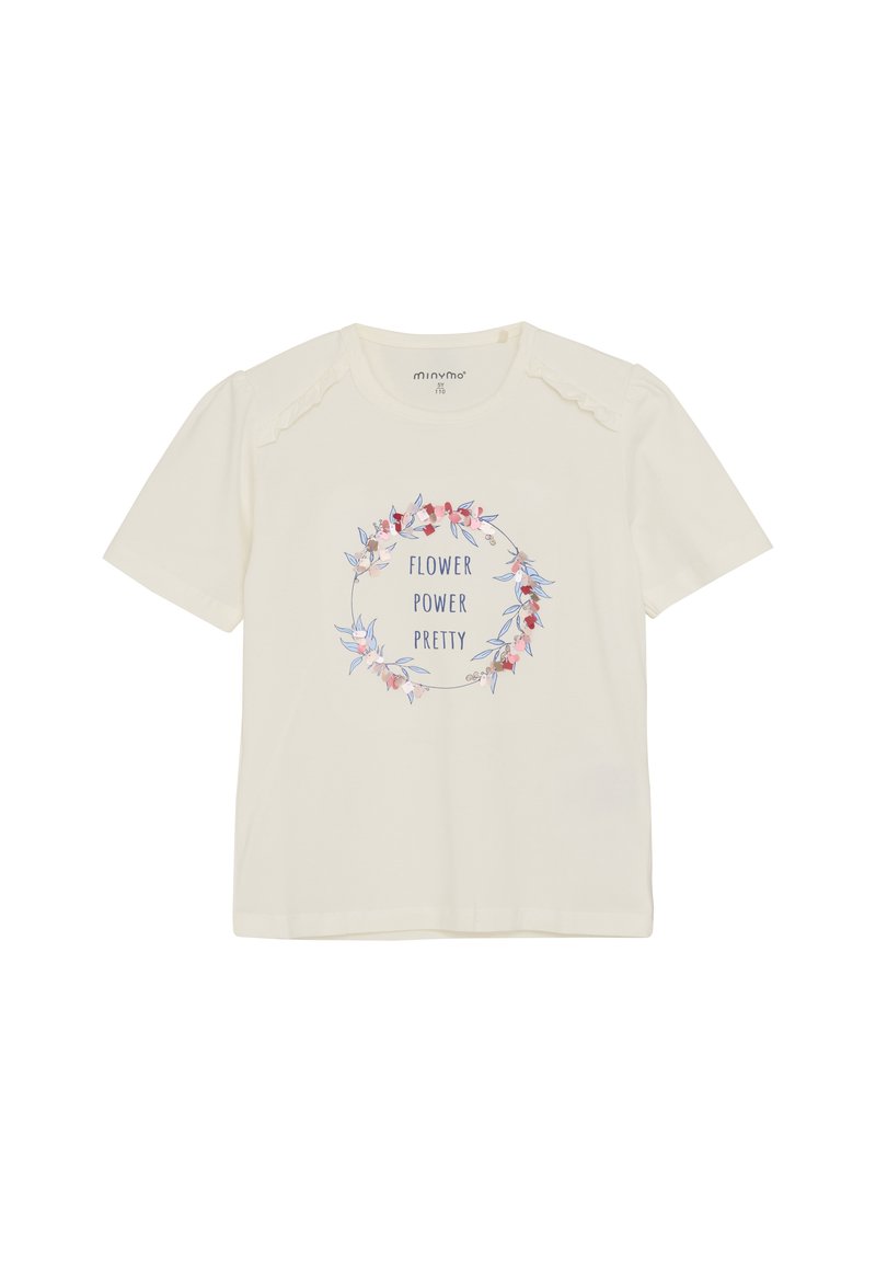 Cremefarvet T-shirt med korte ærmer, prydet med et blomstermotiv og teksten "FLOWER POWER PRETTY" i blå, lavet af blød bomuld.