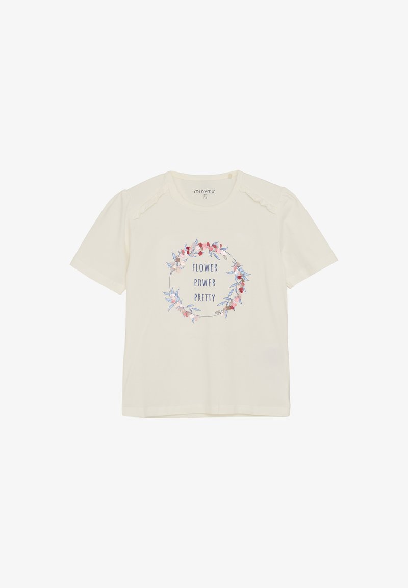 Kreemikollane lühikeste varrukatega T-särk, millel on lillepärja disain ja sinise tekstiga "FLOWER POWER PRETTY", valmistatud pehmest puuvillast.