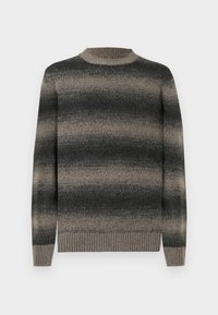Knit sweater featuring a round neckline, long sleeves, gray to black gradient stripes, and ribbed hem and cuffs. Soft texture.