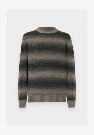 Knit sweater featuring a round neckline, long sleeves, gray to black gradient stripes, and ribbed hem and cuffs. Soft texture.