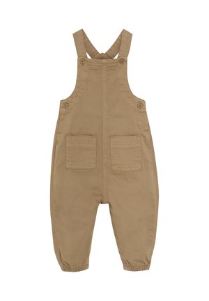 Tanskleurige katoenen overalls met verstelbare kruisbanden, twee voorzakken en omslagboorden. Duurzaam stof met een gladde textuur.