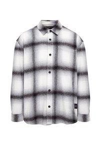 Checkered shirt in black and white, made of soft fabric with a button-up front, pointed collar, and a single chest pocket.