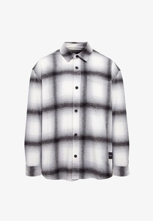 Karierter Hemd in Schwarz und Weiß, aus weichem Stoff, mit Knopfleiste, spitzem Kragen und einer einzelnen Brusttasche.