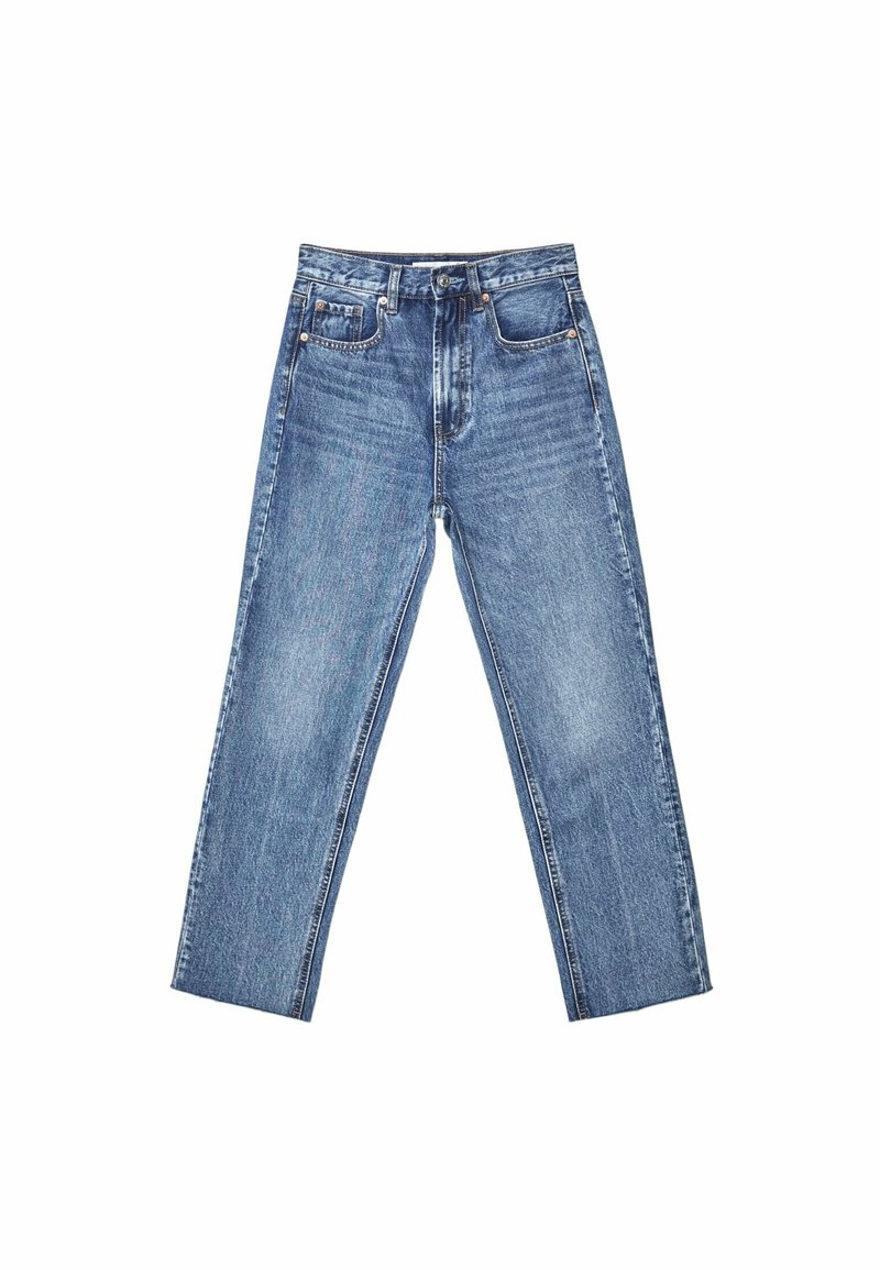 Jeans de mezclilla de talle alto en un lavado azul claro con un diseño de pierna recta, un ligero desvanecimiento y un estilo clásico de cinco bolsillos.