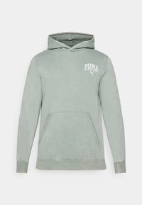 Light green hoodie made of soft fabric, featuring a kangaroo pocket, drawstring hood, and a white PUMA logo on the chest.