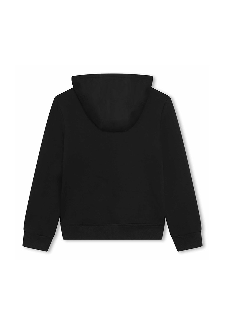 Felpa nera con cappuccio, dal taglio morbido e rilassato, con polsini e orlo a coste. Tessuto morbido, privo di motivi o loghi visibili.
