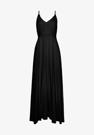 Melna maksi kleita ar dziļu V-veida dekoltē un plānām spaghetti siksniņām. Izgatavota no gludas auduma, tā piedāvā plūstošu, plisētu dizainu.