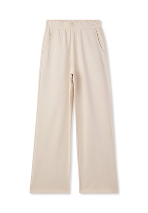 Pantaloni della tuta beige a gamba larga con vita elasticizzata, due tasche laterali, texture di morbido tessuto e delicato logo ricamato.