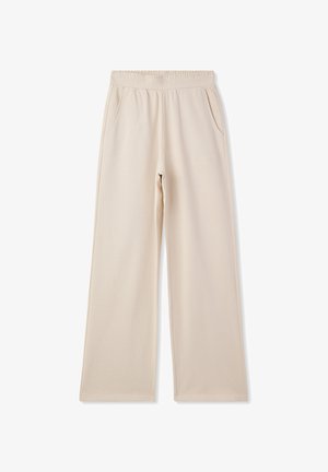 Pantaloni della tuta beige a gamba larga con vita elasticizzata, due tasche laterali, texture di morbido tessuto e delicato logo ricamato.