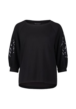 Schwarzer Pullover mit Raglanärmeln, verziert mit glänzenden schwarzen Pailletten an den Ärmeln, runder Ausschnitt und einer bequemen, lockeren Passform.