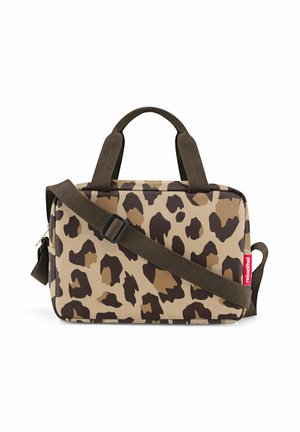 Bolso marrón claro con estampado de leopardo en marrón oscuro y beige. Doble asa y bandolera ajustable. Cierre de cremallera con un pequeño logo.