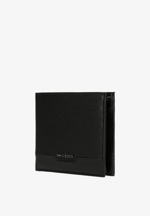 Portefeuille bifold pour hommes noir texturé avec le logo "wojas" sur la partie inférieure avant, présenté fermé sur un fond blanc.