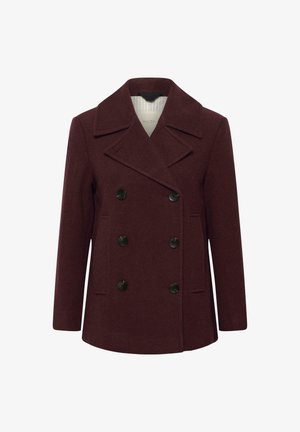 Burgundi gyapjú peacoat, dupla soros gombolással, nagy fekete gombokkal, hajtott gallérral és két oldalsó zsebbel. Sima textúra, klasszikus dizájn.