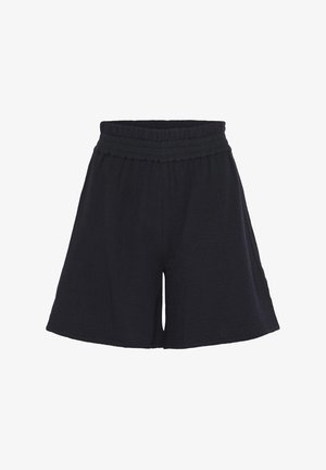 Pantaloni neri realizzati in tessuto testurizzato, con una vita elastica e gambe larghe, caratterizzati da una vestibilità comoda e un design minimal.