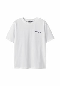 T-shirt blanc à manches courtes avec col rond et petit texte noir "VERSION 2.0" sur la poitrine gauche.
