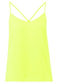 Camisola gialla neon con spalline sottili, scollatura a V e una texture leggera e liscia. Design semplice senza motivi o accentuazioni.