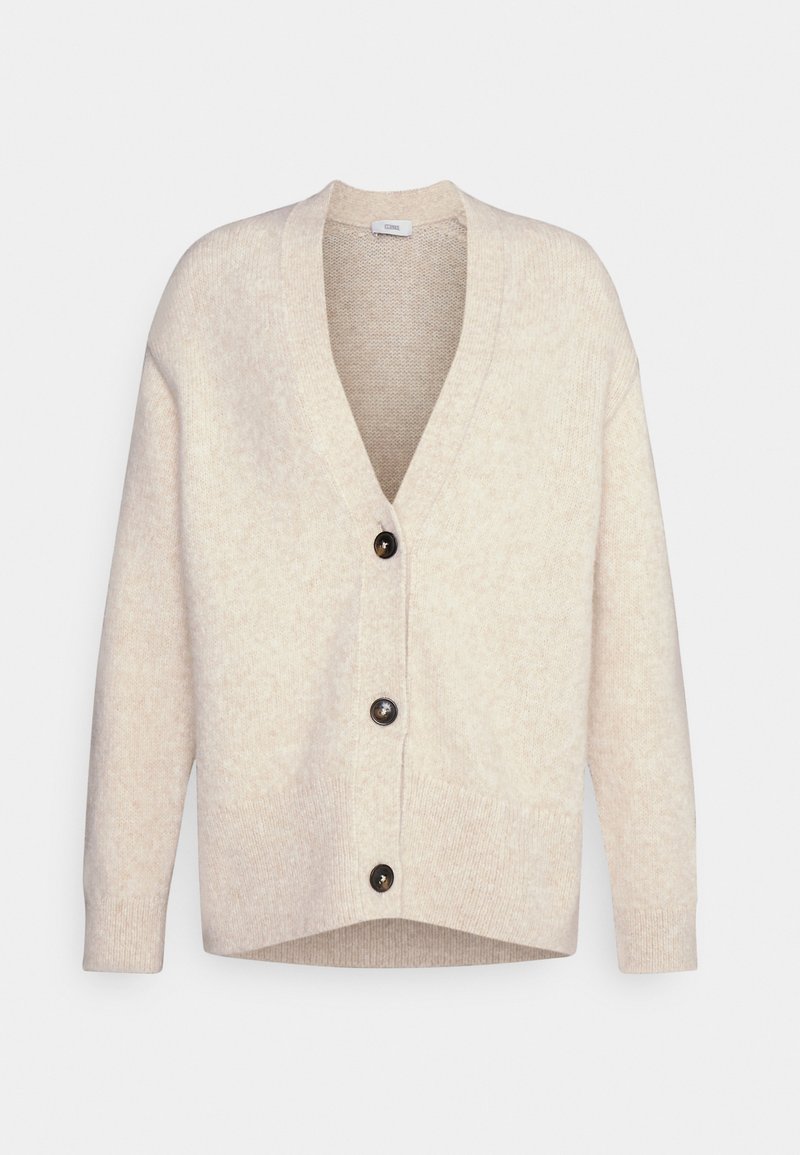Beige cardigan made of soft knit fabric featuring a V-neck, three large dark buttons, and ribbed cuffs and hem.
