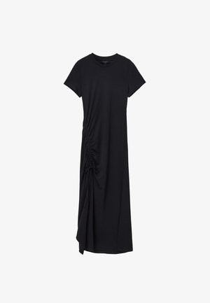 Vestido negro hasta la rodilla con mangas cortas, detalle de fruncido lateral y cordones, hecho de un tejido suave y elástico.
