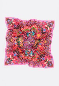Écharpe en soie avec un motif floral et géométrique vibrant en rose et multicolore. Forme carrée avec des détails complexes et une texture lisse.