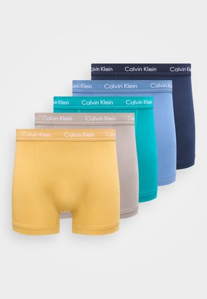 Homme torse nu avec des dreadlocks, debout face à l'avant, portant un boxer turquoise Calvin Klein, sur un fond clair uni.