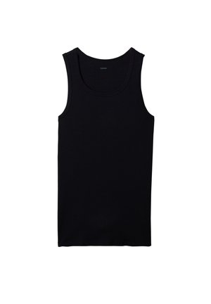 Black sleeveless tank top made of soft fabric, featuring a round neckline and simple design with no additional patterns or accents.