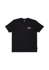 Zwarte katoenen t-shirt met korte mouwen, ronde hals, voorzien van een klein, veelkleurig logo op het linker borstgebied. Standaard pasvorm.