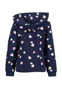 Navy hoodie with a drawstring, featuring a pattern of small, multicolored hearts. Ribbed cuffs and hem with a soft, cotton blend texture.
