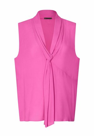 Nátelník bez rukávov v jasne ružovej farbe s výstrihom do V a uzlovým detailom vpredu na mäkkej, plynulej tkanine.