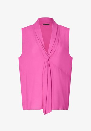 Nátelník bez rukávov v jasne ružovej farbe s výstrihom do V a uzlovým detailom vpredu na mäkkej, plynulej tkanine.