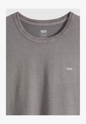 Graues Kurzarm-T-Shirt aus Baumwolle mit Rundhalsausschnitt. Kleines weißes Levi's-Logo auf der linken Brust aufgestickt. Glatte Textur.