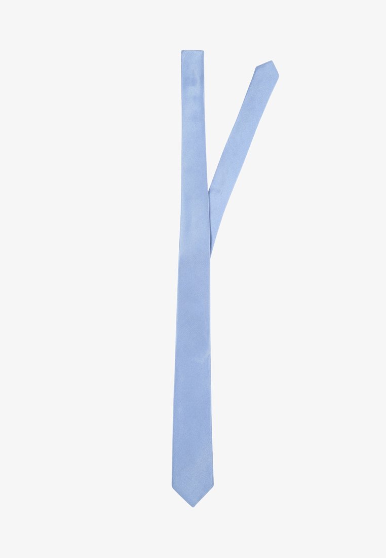 Lichtblauwe zijden stropdas met een soepele textuur en een puntslip. Het ontwerp is effen zonder patronen of accenten.
