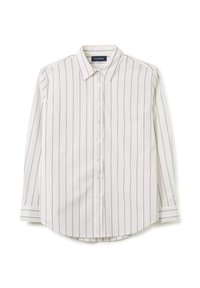 Camisa de manga larga en tejido crema claro con finas rayas verticales azules, cuello tipo point, cierre de botones en el frente, dobladillo curvado y detalles en los puños.