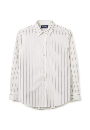 Camicia a maniche lunghe in tessuto crema chiaro con sottili strisce verticali blu, colletto classico, chiusura a bottoni, orlo curvo e dettagli ai polsini.