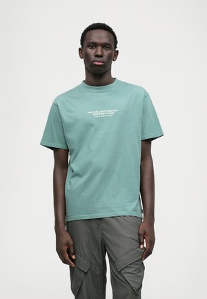 T-shirt de manga curta verde menta com decote redondo, apresentando o texto branco "RIPCURL SURF COMPANY DESDE NOVENTA E NOVE". Tecido de algodão suave.