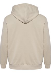 Beige katoenen hoodie met een ruime capuchon, lange mouwen en geribbelde manchetten. Soepele textuur zonder zichtbare patronen of hardwaredetails.