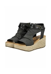 Black fabric wedge sandals with an open toe, crisscross straps, and a jute-wrapped platform sole. Features a side zipper and leather accents.
