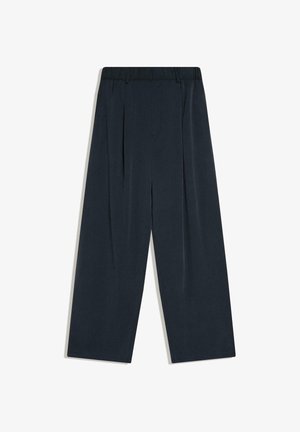 Pantalon large bleu marine avec plis, passants de ceinture et taille haute, présenté à plat sur un fond blanc.
