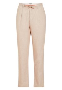 Pantalons en lin beige avec une texture tissée, présentant une coupe droite, des plis sur le devant et une taille à cordon de serrage pour un ajustement personnalisé.