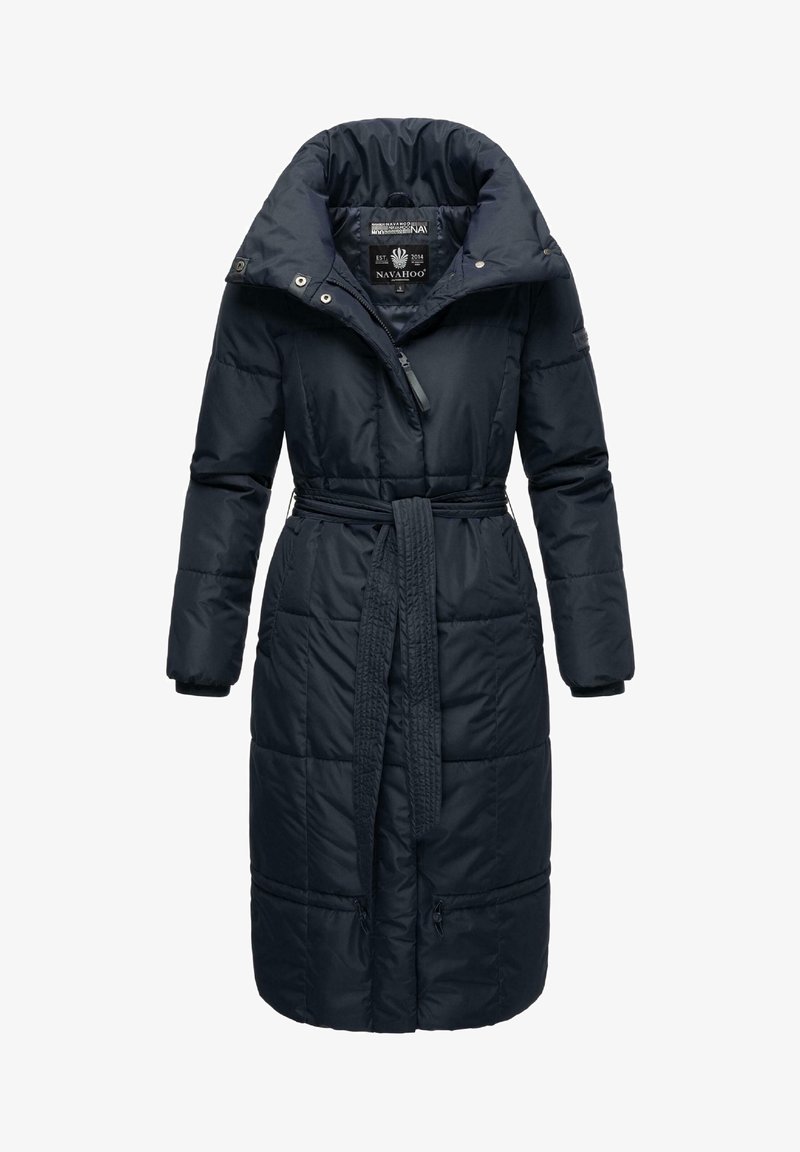 Marineblauer, langer Steppmantel mit hohem Kragen, tailliertem Gürtel und gestepptem Design. Verfügt über Reißverschlusstaschen und einen Druckknopfverschluss.